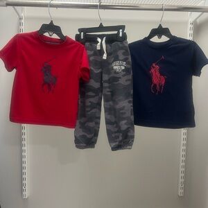 2 Ralph Lauren Polo Player Tees—Red and Navy—with Grey Camo Joggers
